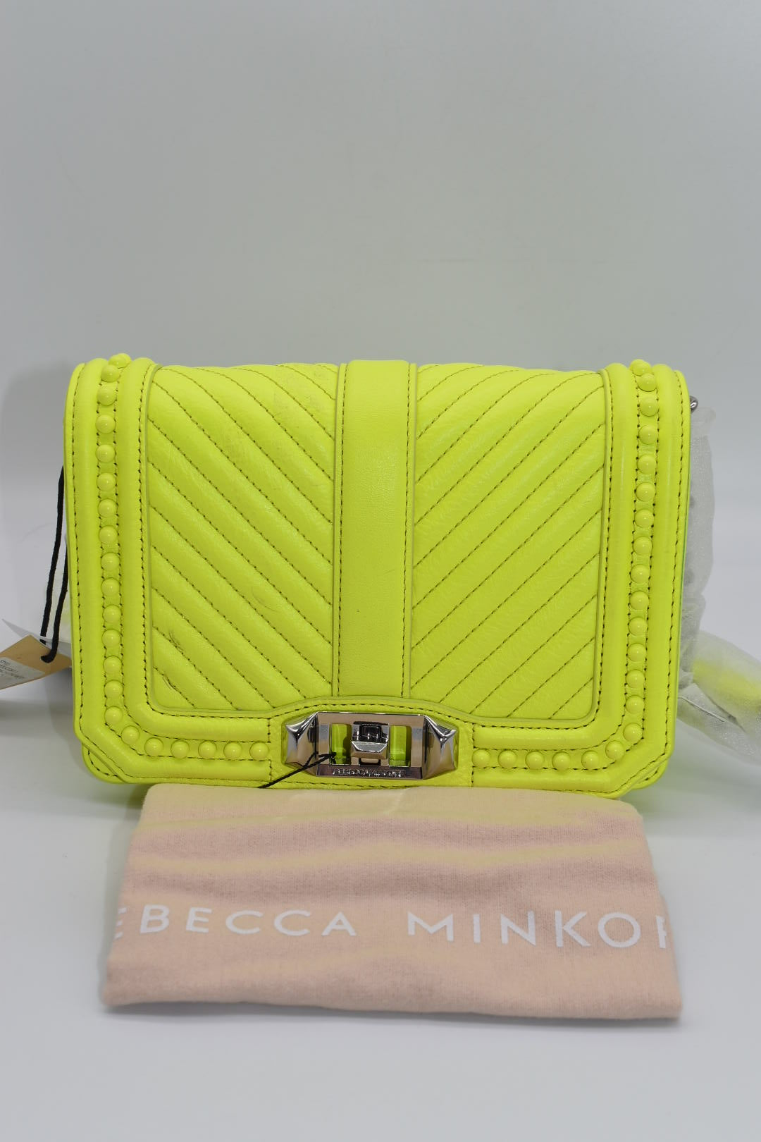 Rebecca Minkoff Chevron Quilted Small Love Crossbody Bag  with Studs in Neon Yellow