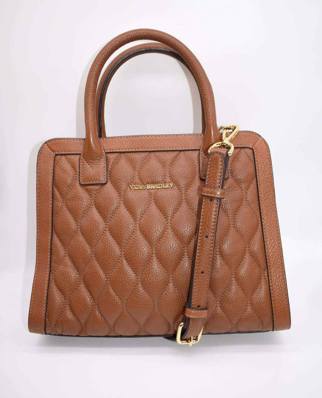 Vera Bradley Natalie Quilted Leather Satchel Bag in Cognac Brown Sycam Pink Lemon Standard