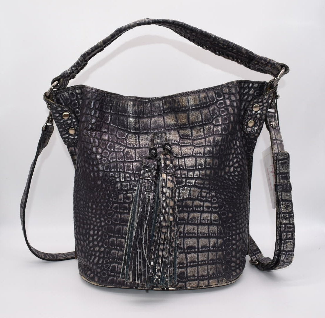 Patricia Nash Otavia Bucket Crossbody Bag in Embossed Metallic Reptile