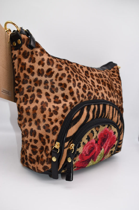 Clever Carriage Company Leopard & Hand Needlepoint Satchel Bag