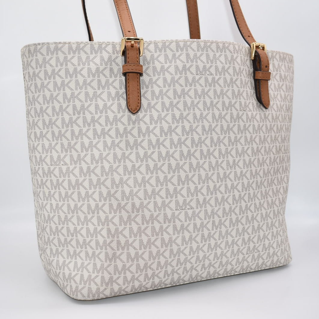 Michael Kors Jet Set Reversible Tote Vanilla White shops / Acorn Brown Logo MK Bag