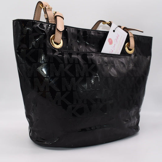 Michael Kors MK Signature Mirror Medium Patent Leather Tote Bag in Black