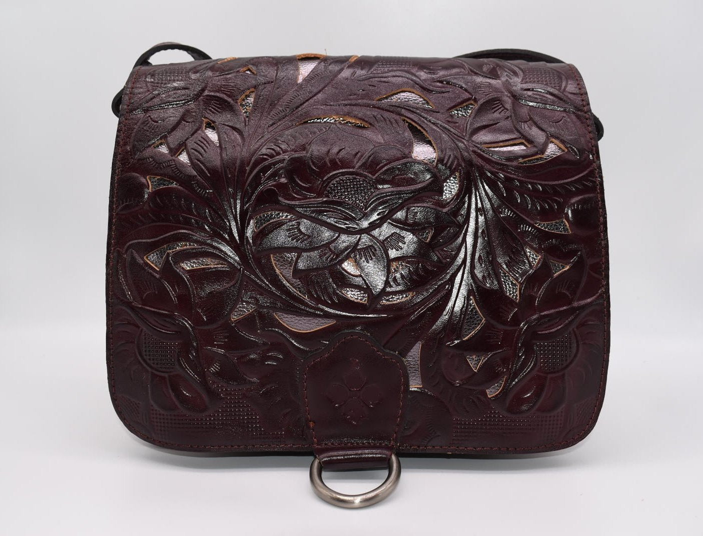 Patricia Nash Ilina Cut Out Tooled Leather Flap Crossbody in Plum