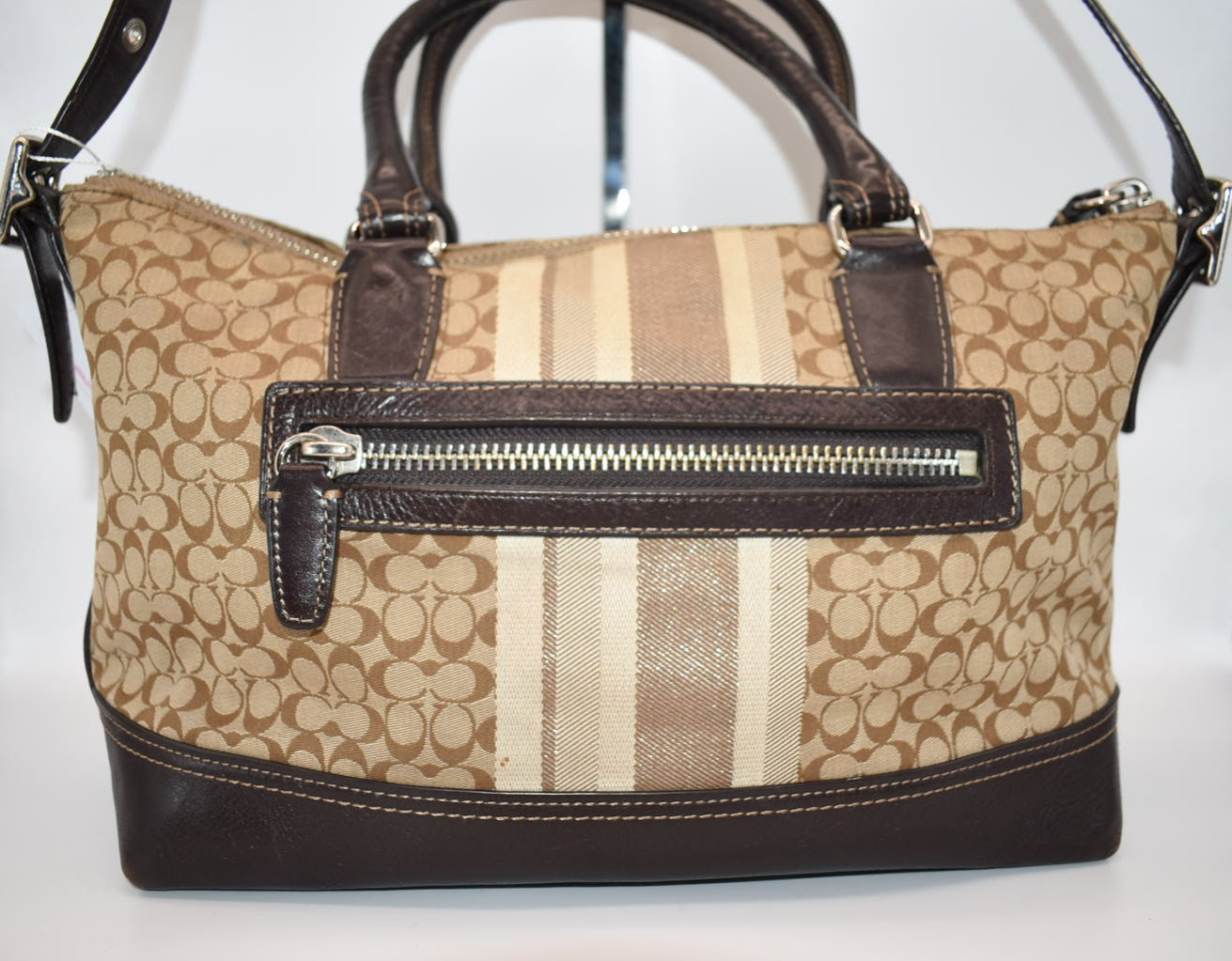 Coach Signature Stripe East West Satchel Bag in Khaki & Brown