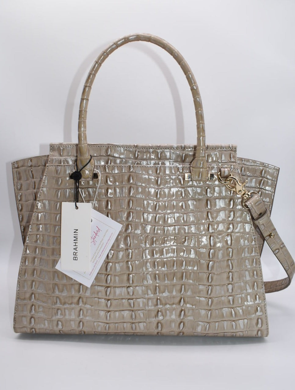 Brahmin Priscilla Satchel Bag in Warm Gray La Scala Pink Lemon Standard