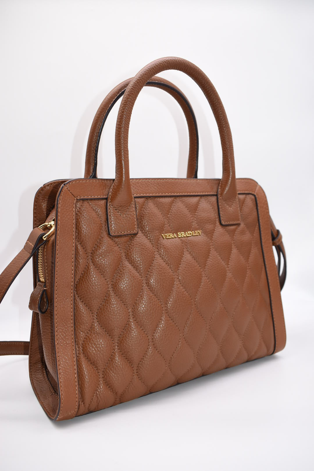 Vera Bradley Natalie Quilted Leather Satchel Bag in Cognac Brown Sycamore