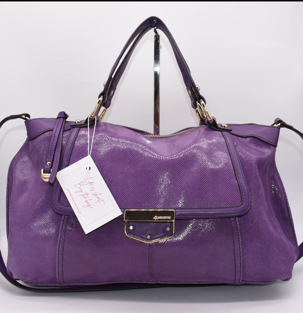 B. Makowsky Lombard Purple Snake Embossed Top Handle Satchel Bag