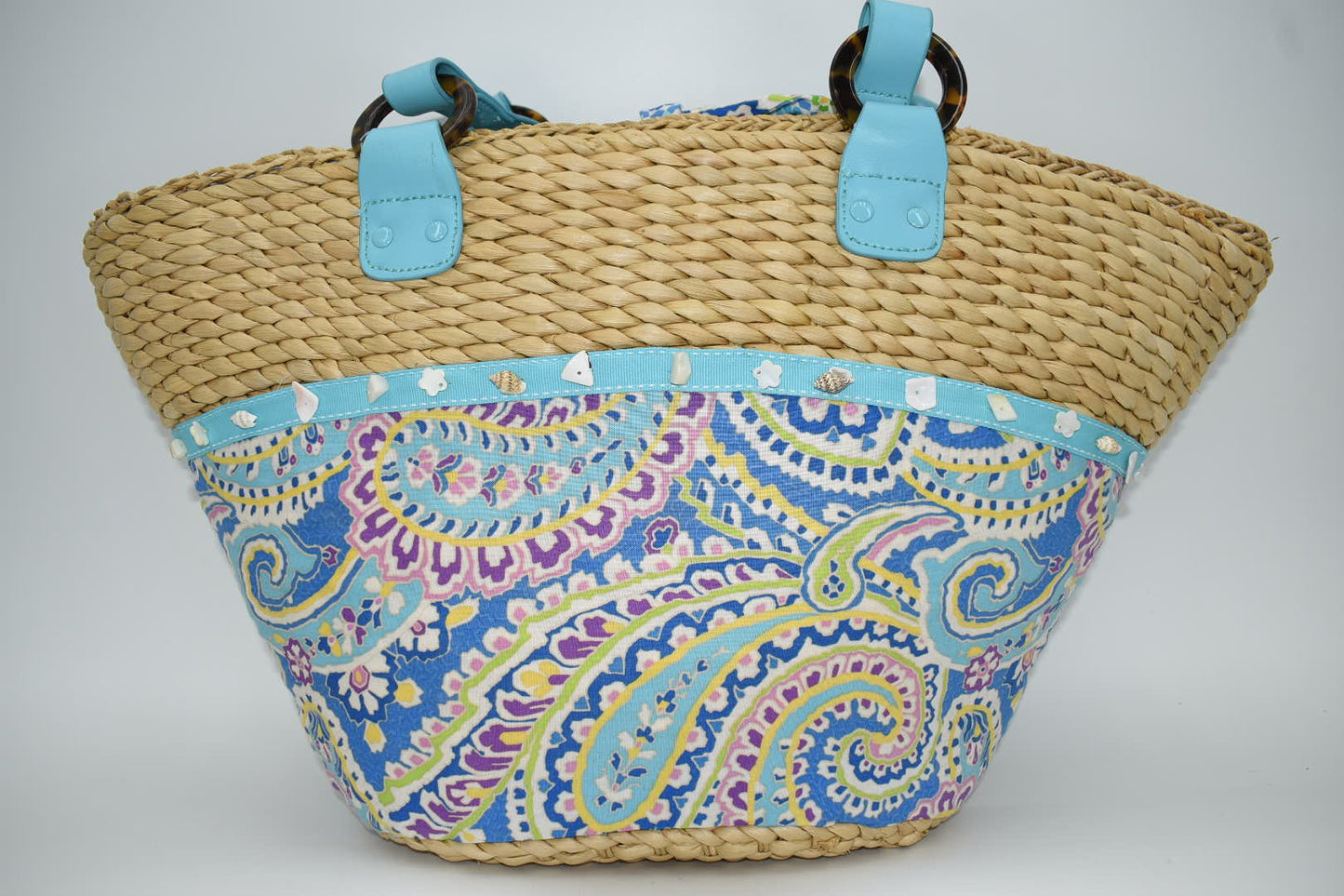 Vera Bradley Large Straw Tote Bag in Capri Blue with Seashell Trim