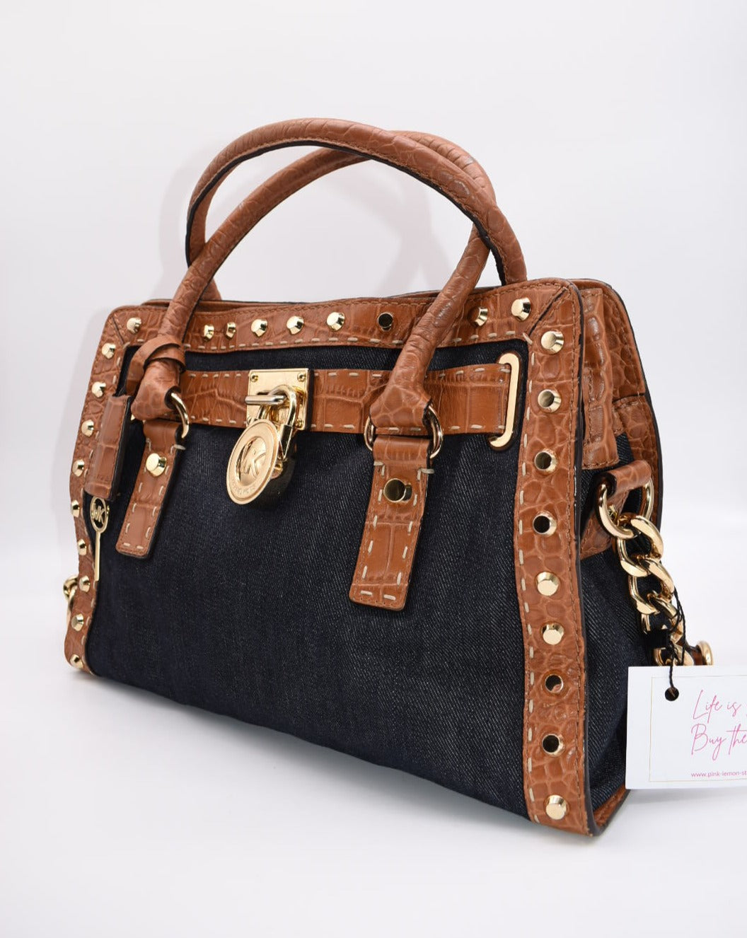 Michael Kors Hamilton Studded Dark Denim Satchel Bag with Croc Empbossed