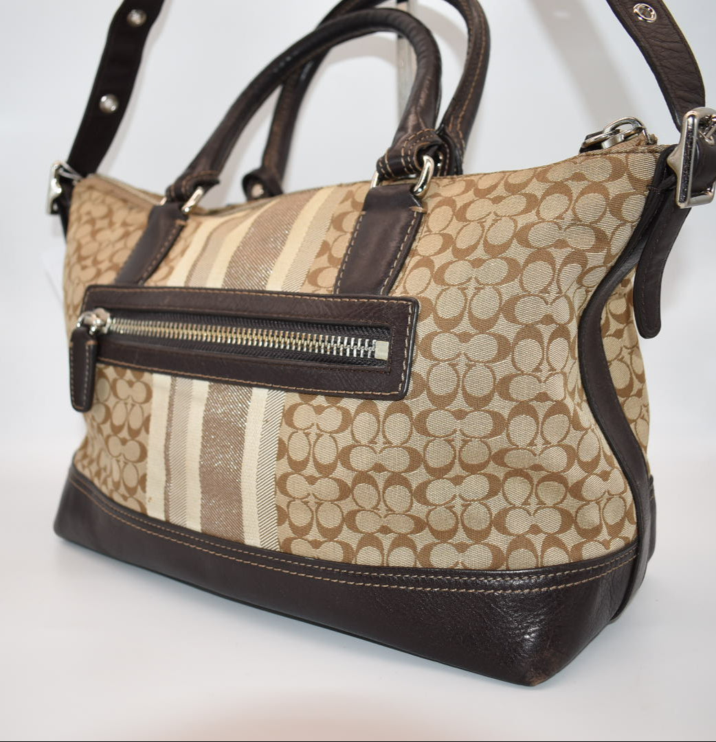 Coach Signature Stripe East West Satchel Bag in Khaki & Brown