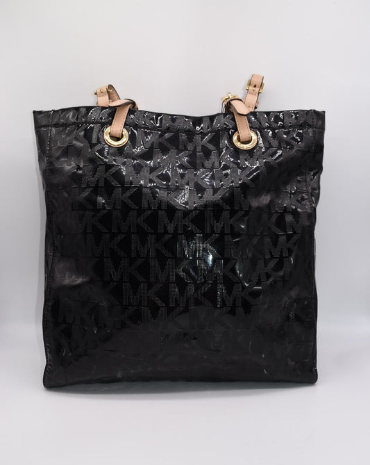 Michael Kors MK Signature Mirror Patent Leather Tote Bag in Black