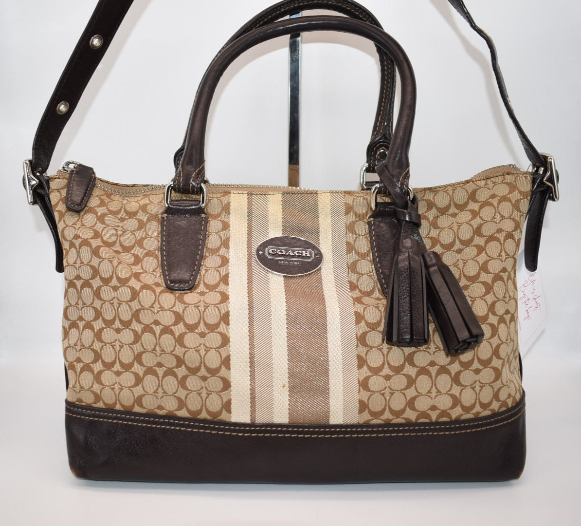 Coach Signature Stripe East West Satchel Bag in Khaki & Brown