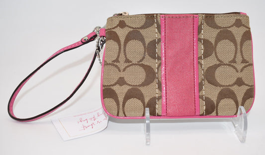 Coach Signature Stripe Canvas Wristlet in Pink & Tan