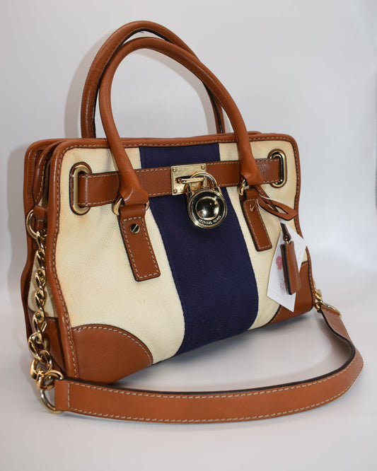 Michael Kors Hamilton Mono Stripe Satchel Bag in Navy & Cream